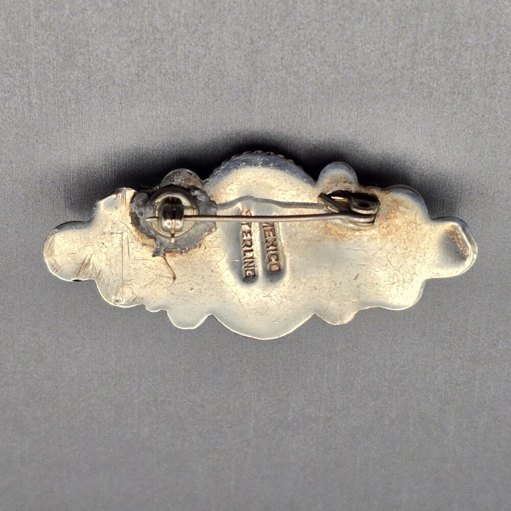 VTG Sterling Silver Black Onyx Brooch 2" Carved Face Mexico Tribal Style 7.65g - Picture 5 of 12